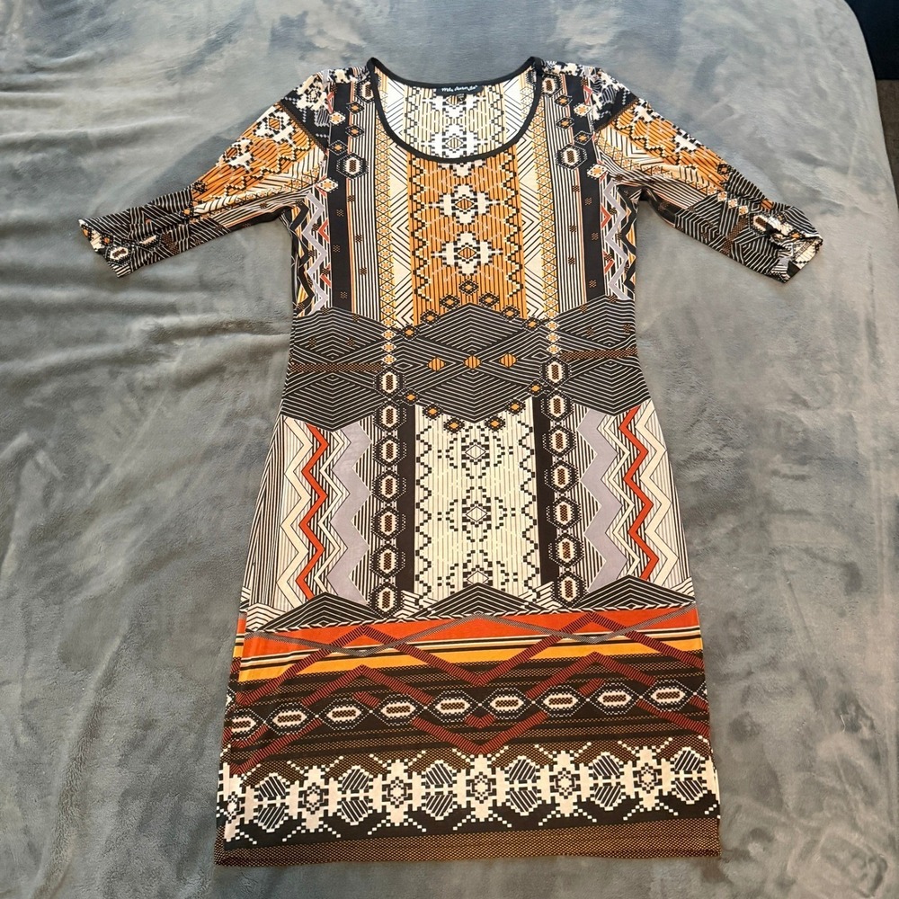 Mlle Gabrielle Tribal Geometric Print Sheath Dress 3/4 Sleeve Multicolor Large